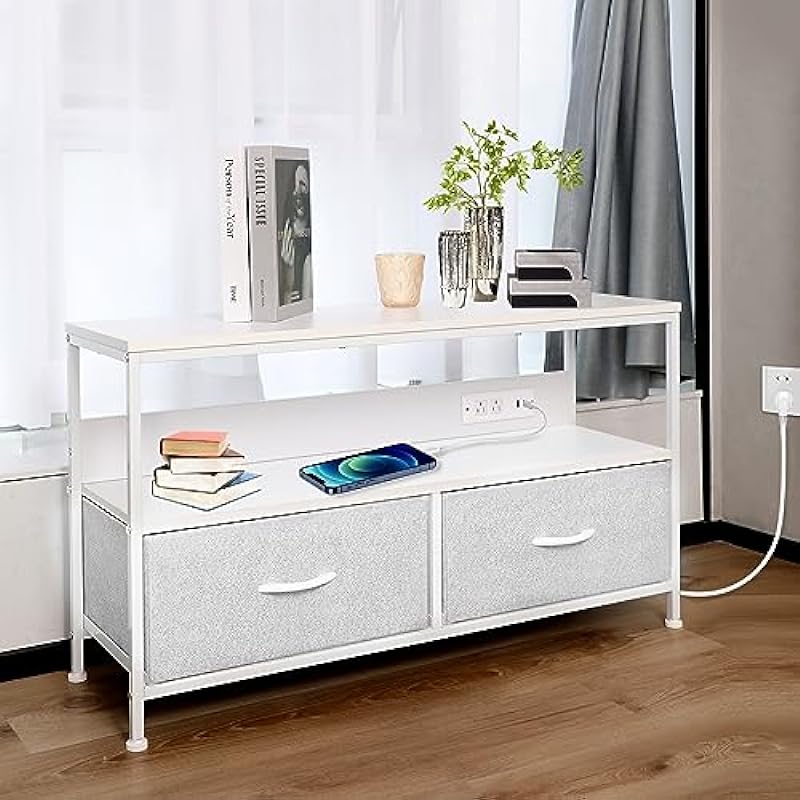 TV Stand with Sotrage, 2 Outlets and 2 USB Ports and Fabric Drawers, Media Console for TV up to 45″. Great Storage Drawer Unit for Bedroom, Dorm, Living Room, Entryway & Closet – Light Grey