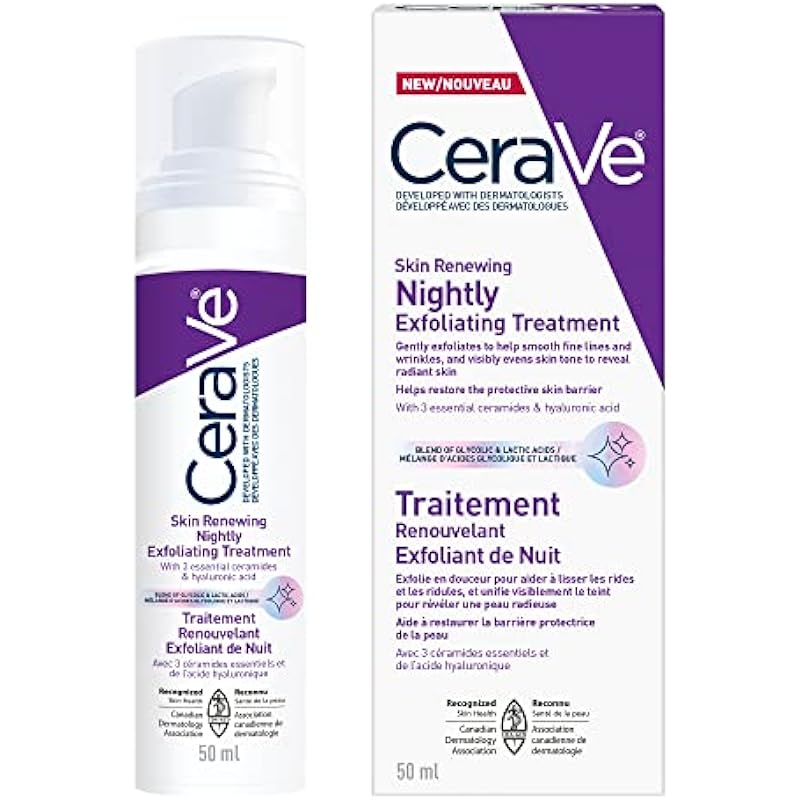 CeraVe Skin Renewing Nightly Exfoliating Treatment for Healthy Aging, Fine Lines, Wrinkles, Dullness and Pores. Face Serum with Glycolic Acid, Hyaluronic Acid & Ceramides. Developed with Dermatologists, Non-irritating, Fragrance-Free, 50ml