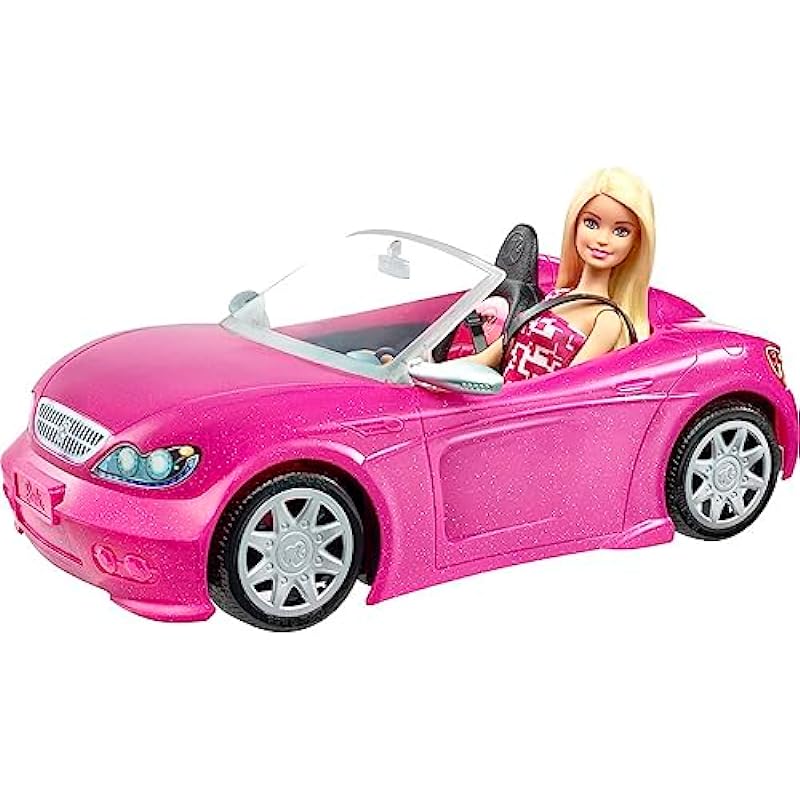 Barbie Car and Doll Set, Sparkly Pink 2-Seater Convertible with Glam Details, Doll in Sundress and Sunglasses