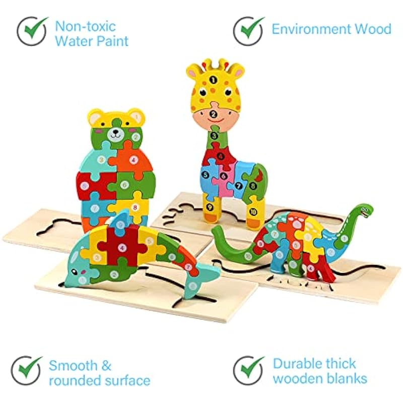 Wooden Puzzles for Toddlers 1-3 | Montessori Toys for Toddlers 2 Years Old | Puzzles for Kids 3-5 | Puzzles for Kids 4-8 Years Old | 4-Pack Toddler Puzzle Toddler Toys