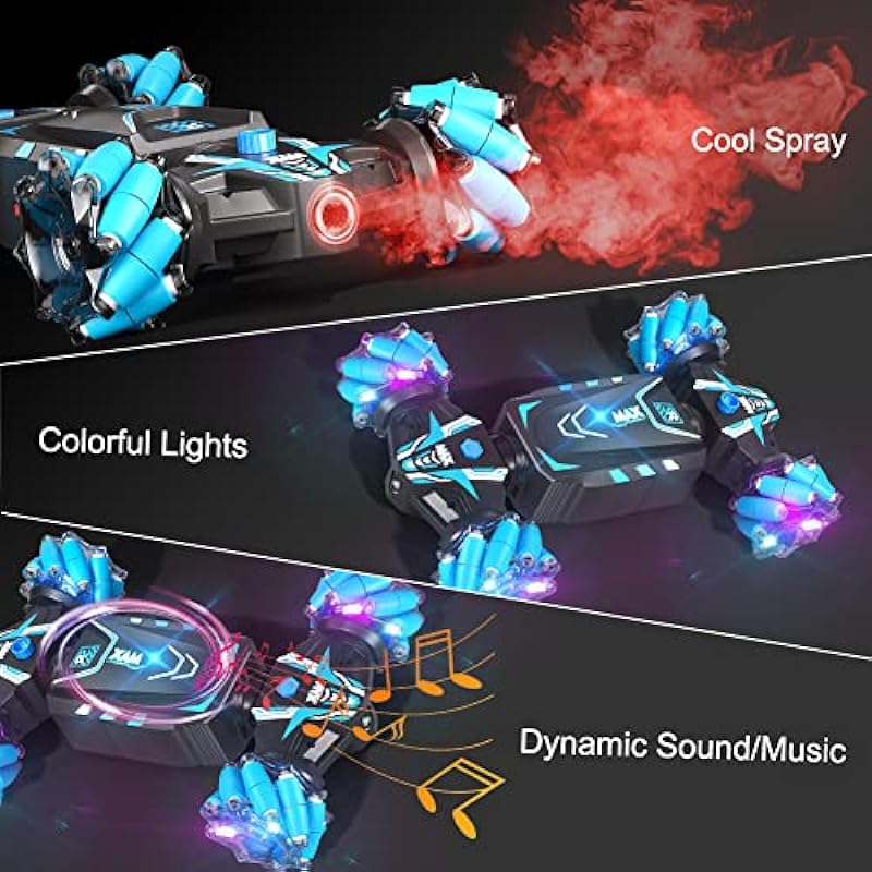 Remote Control Car Hand Controlled Gesture RC Stunt Car with Spray & Lights & Music for Kids 6-13 Years Old, 4WD 2.4GHz Off-Road Vehicle 360° Double Sided Rotation Crawler Toy Car Gifts for Boys Girls