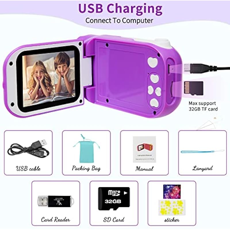 Kids Camera, Kids Video Camera for Boys Girls Gift,1080P FHD Digital Kids Camera Camcorder Children Camera DV with 32GB SD Card & 2.4″ Screen or Little Children and Toddlers