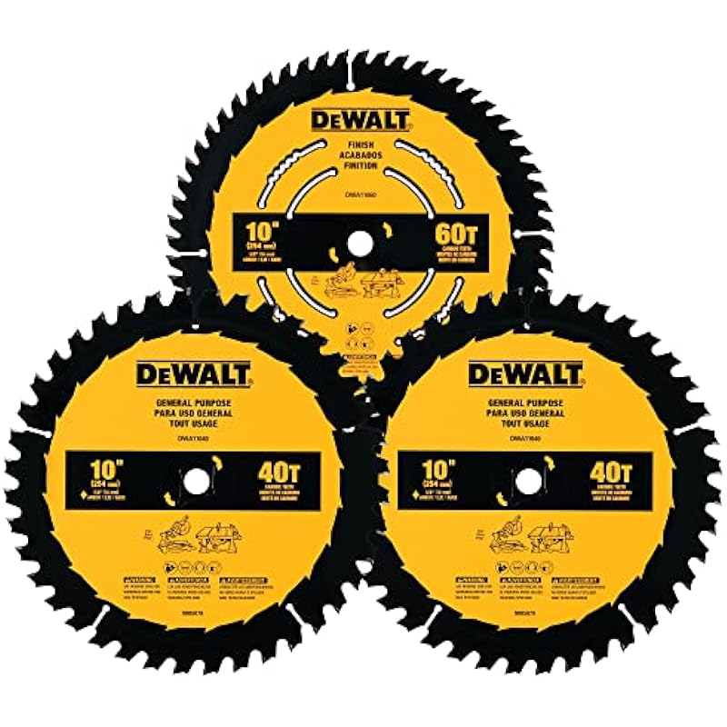 DEWALT Pack of 10 in Saw Blades – 60T & 2 X 40T Saw Blades, for Miter Saws and Table Saws, 3 Blades Total (DWA110CMB3)