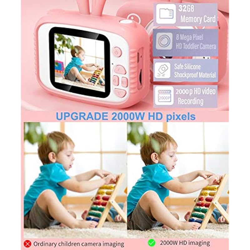 Kids Digital Camera, Kids Video Camera Recorder Shockproof Cameras HD 8 Mega Pixel 2 Inch IPS Screen Kids Mini Camera with 32GB SD for Girls Boys Gifts(Pink)