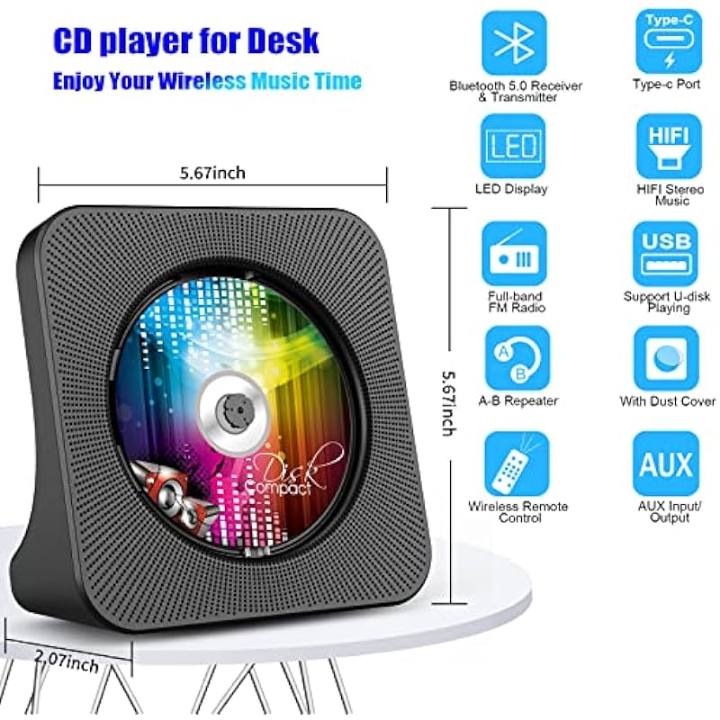 Gueray Portable CD Player, Bluetooth CD Kpop Player for Desktop with HiFi Sound Speaker, Cute FM Radio CD Music Player for Home with Remote Control Dust Cover LED Screen Support AUX/USB Headphone Jack