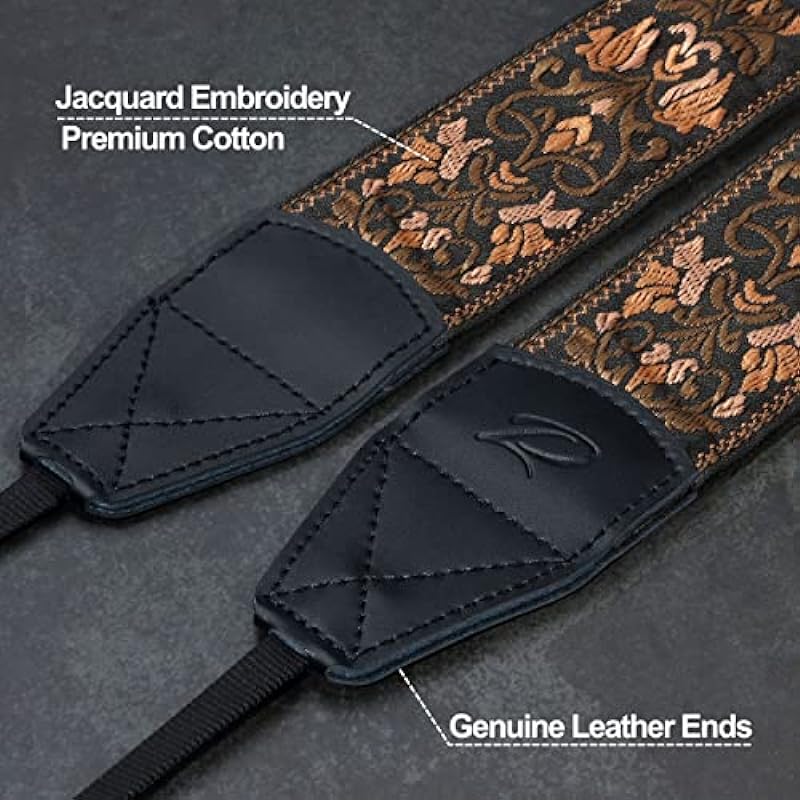 Padwa Lifestyle Camera Strap – 2″ Wide Vintage Jacquard Embroidery Flower Camera Straps with Genuine Leather Head,Complimentary 2 Pcs Quick Release Clips for All Cameras and Men & Women Photographers