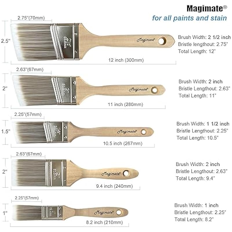 Magimate Paintbrush Set for Walls, Furniture Stain, Soft Sharped Filament Wood Handle Home Painting Brushes Pack of 5