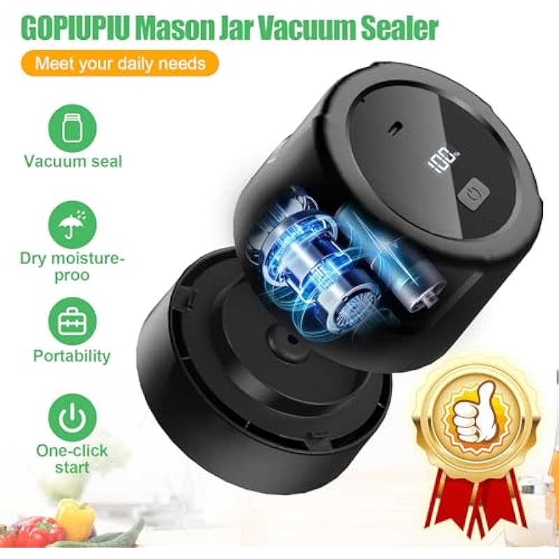 Mason Jar Vacuum Sealer – Electric Mason Jar Sealer Vacuum Sealing Kit, Vacuum Sealer for Mason Canning Jars with Can Opener, Regular and Wide Mouth Mason Jar Lids (Black One Button)