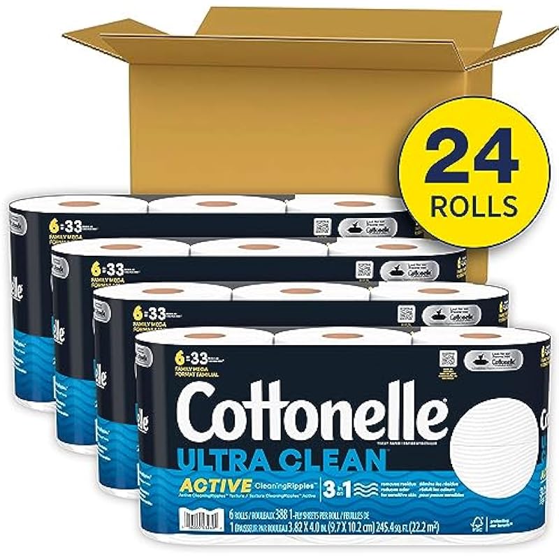 Cottonelle Ultra Clean Toilet Paper with Active Cleaningripples Texture, Strong Bath Tissue, 24 Family Mega Rolls (24 Family Mega Rolls = 132 Regular Rolls) (4 Packs of 6), 388 Sheets per Roll.