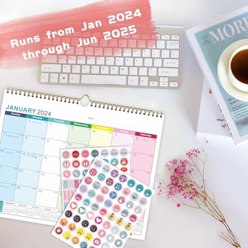 Wall Calendar 2024-2025 Academic Year, School Large Monthly Calendar Wall, Mom Family 18 Months Daily Planner from January 2024 to June 2025 with Planner Stickers, 14.7″ x 11.6″ (Rainbow)