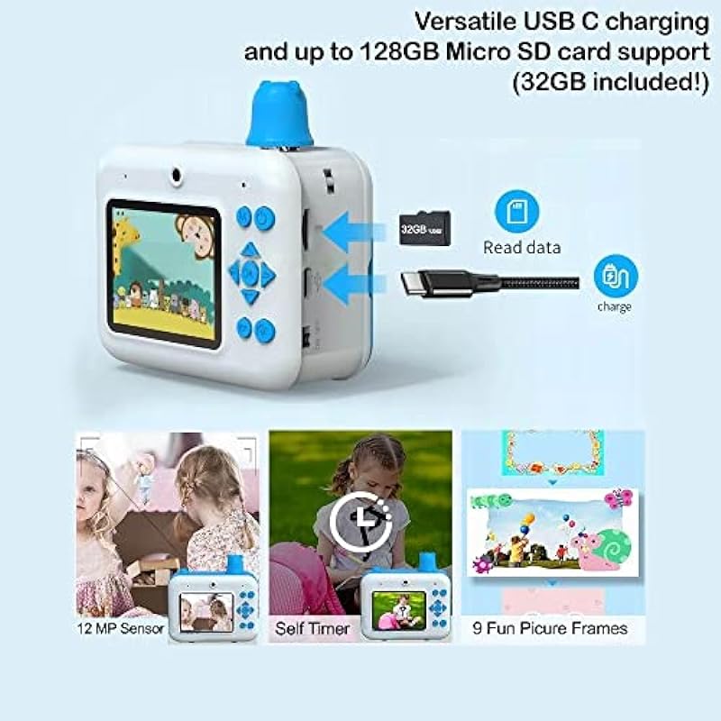 Acuvar 1080P HD Instant Print Camera for Kids, with Selfie Camera, Digital Zero Ink Video Camera with 2 Rolls of Print Paper, 32GB SD for Girls and Boys Gifts (Blue)