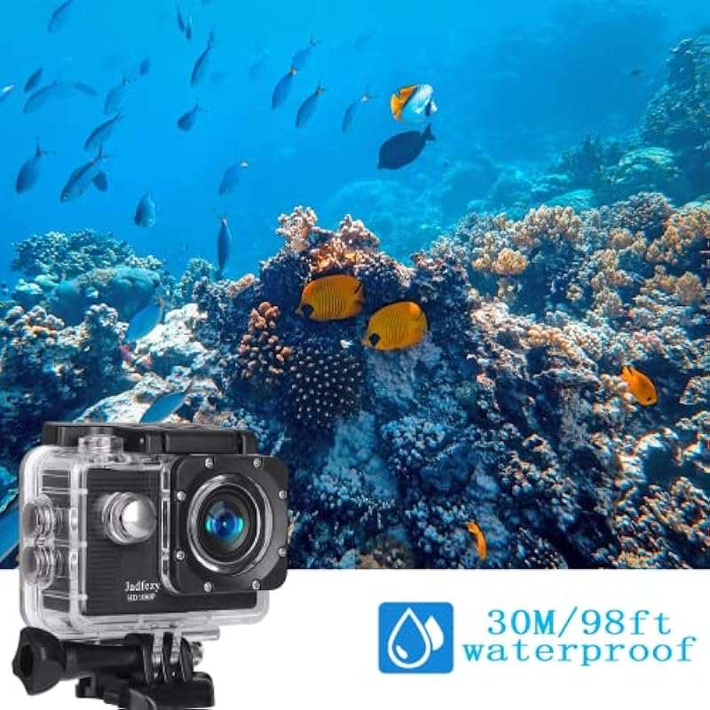 Jadfezy Action Camera FHD 1080P 12MP, 98FT/30M Underwater Waterproof Camera with 2 Batteries, Wide Angle Sports Camera with Accessories Kit Suitable for Helmet, Bicycle, etc.