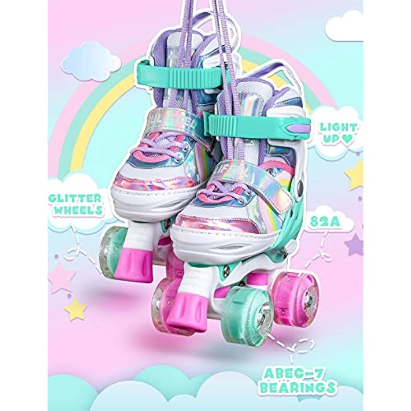 SULIFEEL Rainbow Unicorn 4 Size Adjustable Light up Roller Skates for Girls Boys and Kids