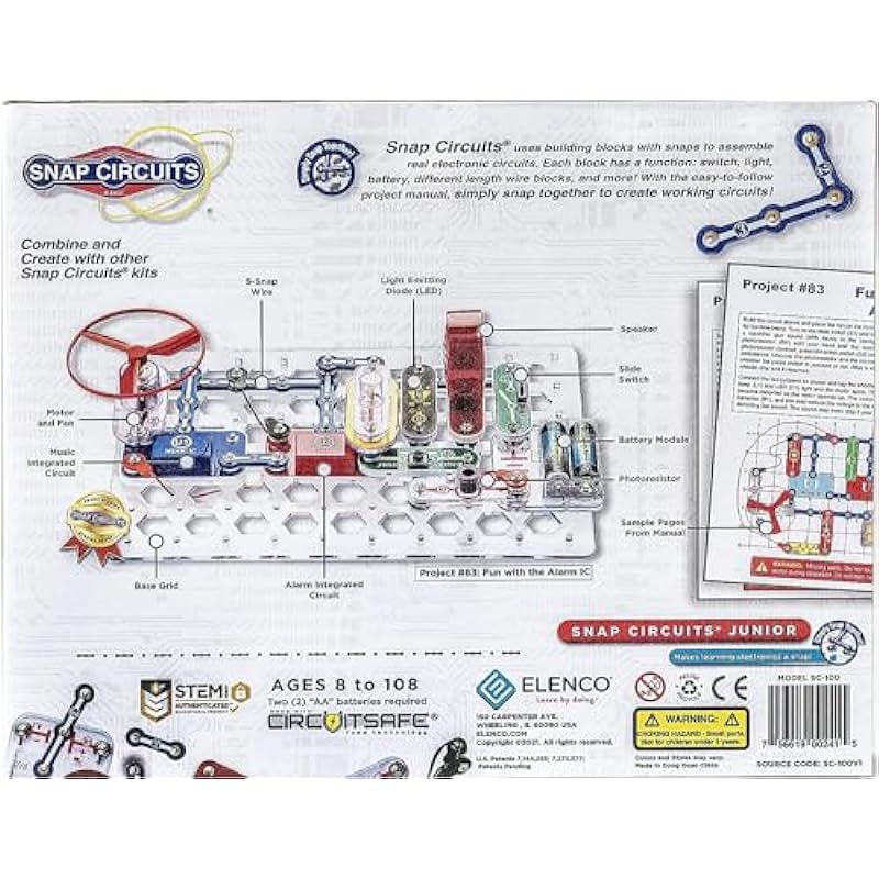 Elenco Snap Circuits Jr. SC-100 Electronics Exploration Kit, Over 100 Projects, Full Color Project Manual, 30 + Snap Circuits Parts, STEM Educational Toy for Kids 8 +, Black