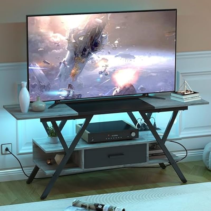 Yusong 65 inch LED TV Stand, Entertainment Center Gaming TV Table with Outlets, Up to 65″ Media Console for Living Room, 29+DIY Dynamic RGB Modes, Greige+Black