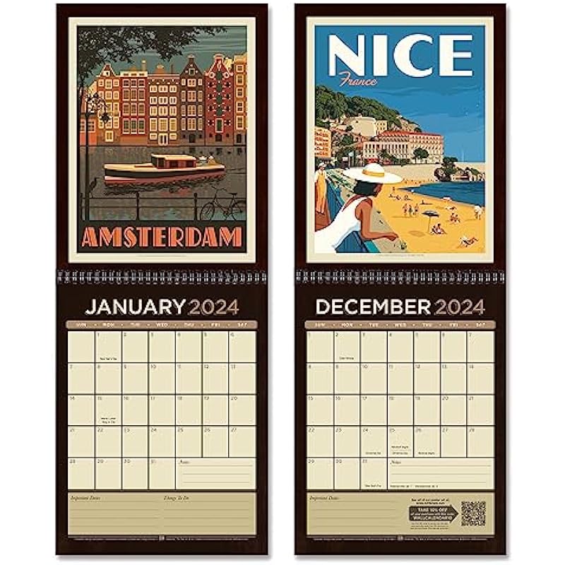 Americanflat 2024 Calendar – World Travel Destinations Design – Large Wall Calendar with Monthly Format – Hanging Monthly Calendar Planner – 10×26 Inches When Open