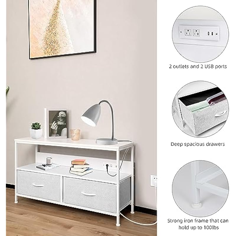 TV Stand with Sotrage, 2 Outlets and 2 USB Ports and Fabric Drawers, Media Console for TV up to 45″. Great Storage Drawer Unit for Bedroom, Dorm, Living Room, Entryway & Closet – Light Grey