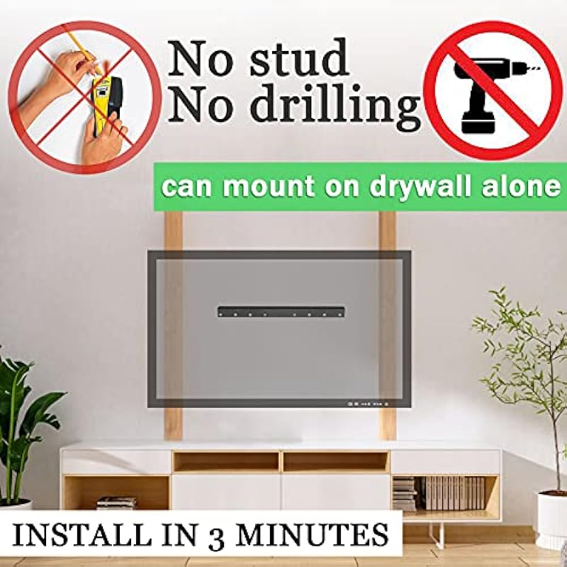 No Stud TV Wall Mount, Drywall Studless TV Hanger No Damage, No Drill, Non Screws, Flat Screen Easy Install Bar Bracket fits VESA 12-55 inch TVs up to 99 lbs, Include Hardware Levels