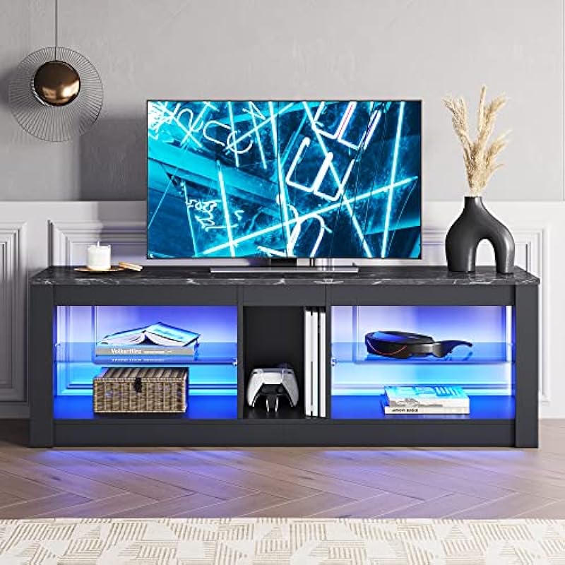 Bestier RGB TV Stand for 65+ Gaming Entertainment Center Gaming LED TV Media Console Table with 2 Glass Shelf PS Gaming TV Cabinet for Living Room, Black Marble