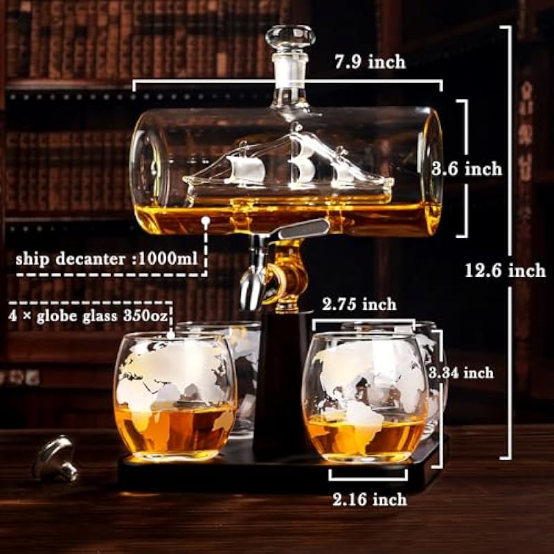 PONPUR Whiskey Decanter Set with Antique Ship, Bourbon Whiskey Gifts for Men Dad, 1000ml Ship Decanter with 4 Globe Glasses, Christmas Annversary Birthday Gifts for Him Husband, Mens Bday Gift