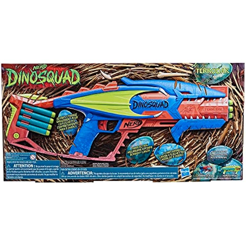 Nerf DinoSquad Terrodak, 4 Dart Blasting, Dart Storage, 12 Nerf Elite Darts, Dinosaur Design, Toy Foam Nerf Blaster for Kids Outdoor Games