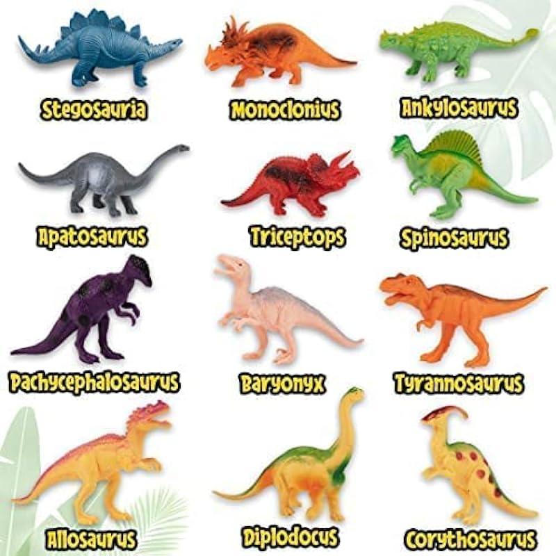 12 Pack of 7 Dinosaur Toy Figures with Educational Dinosaur Book, Large Plastic Dinosaur Toys Set for Toddlers, Kids, Boys and Girls