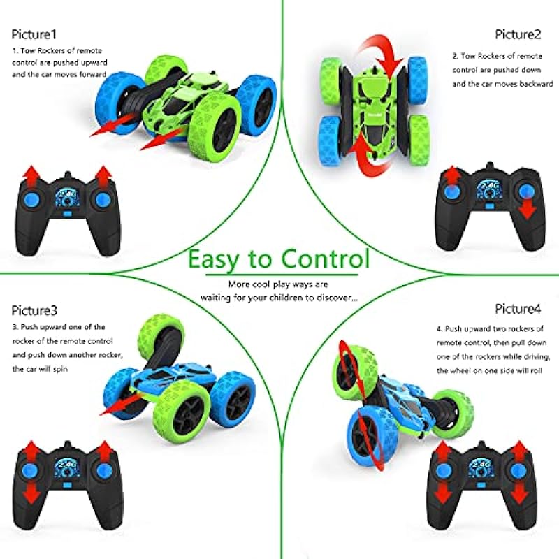 Hamdol Remote Control Car Double Sided 360°Rotating 4WD RC Cars with Headlights 2.4GHz Electric Race Stunt Toy Car Rechargeable Toy Cars for Boys Girls Birthday Blue&Green