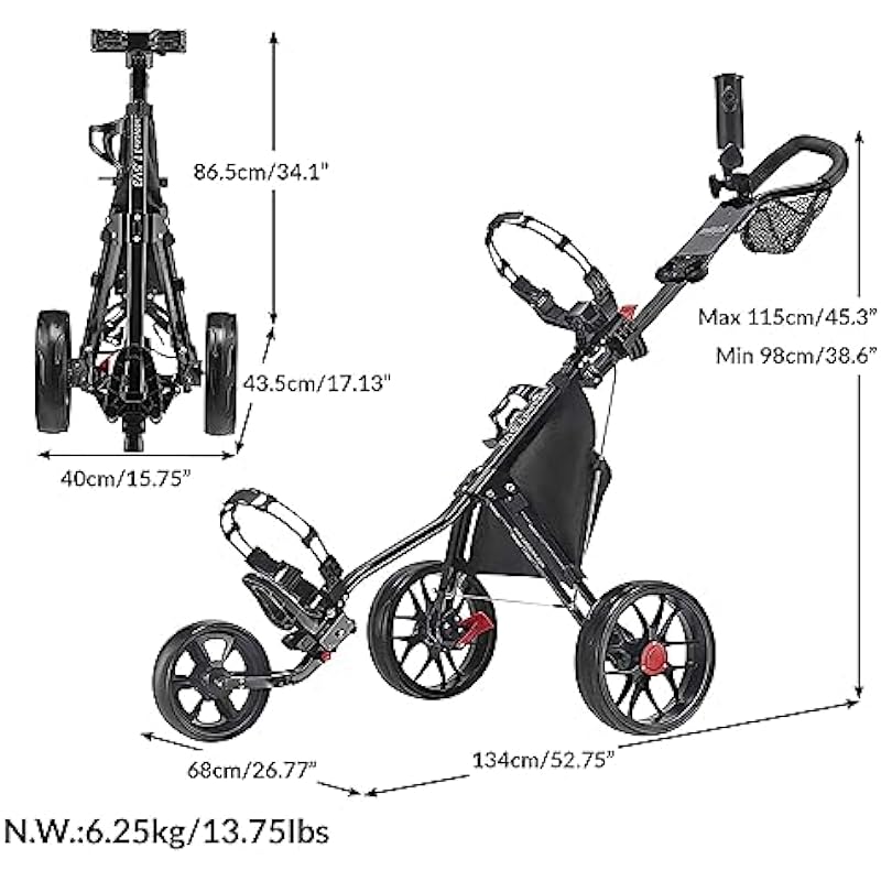 Caddytek CaddyLite 11.5 V3 3 Wheel Golf Push Cart – SuperLite Deluxe, Lightweight, Easy To Fold Caddy Cart Pushcart