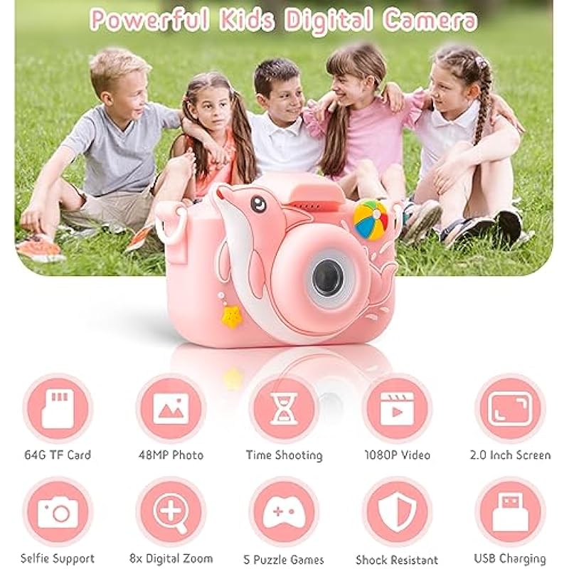 Bealanu Kids Camera for 3-12 Years Old Girls/Boys, 48.0mp Digital Dual Camera for Kids with 1080P HD Video and 2.0 Inch IPS Screen 64GB TF Card, Perfect Christmas Birthday Festival Toy Gifts for Kids