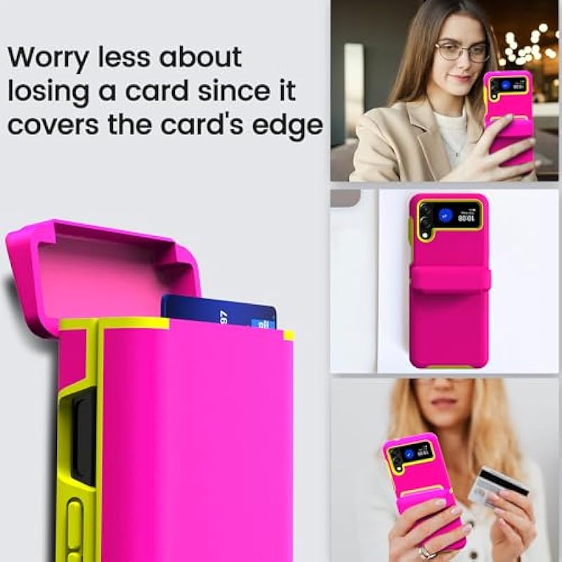 XIIICASE Galaxy Z Flip 4 Case Wallet with Hinge Protection [Card Slot] Shockproof Protective TPU Cover for Samsung Galaxy Z Flip 4 5G (Neon Pink)