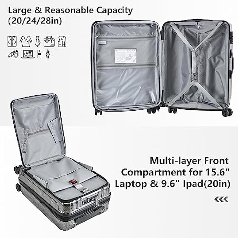 Luggage Set 2 Piece 20/28, 20″ Carry-on with Front Pocket & 28″ Expandable Luggage, ABS+PC Suitcase with Spinner Wheels, TSA Lock, YKK, Silver Grey