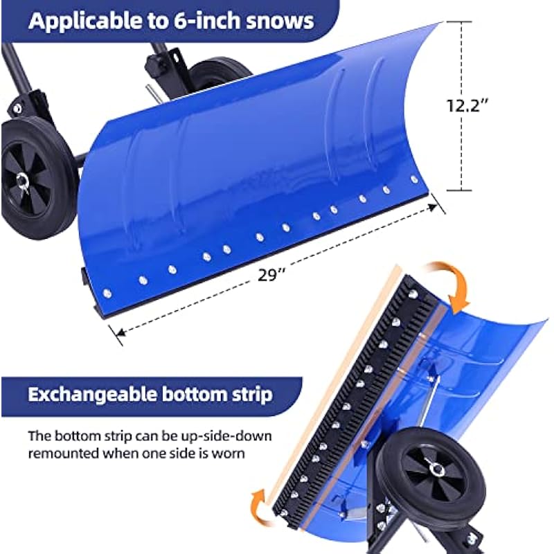 Ohuhu Snow Shovel for Driveway: Heavy Duty Wheeled Metal Snow Shovels with 30″x12″ Wide Blade for Snow Removal, Snow Pusher with Wheels Adjustable Angle & Height for Doorway, Gift for Christmas