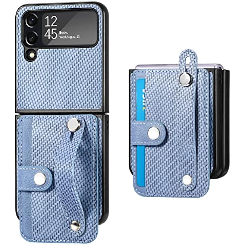 Asuwish Phone Case for Samsung Galaxy Z Flip 4 5G 2022 and Cell Accessories with Wrist Strap Credit Card Holder Slot Stand Kickstand Protective Slim Gaxaly ZFlip4 Z4 Flip4 4Z Flip4case Women Men Blue