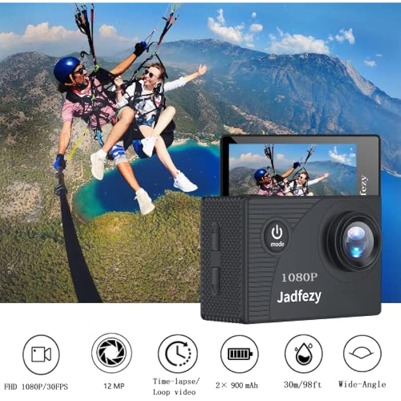 Jadfezy Action Camera FHD 1080P 12MP, 98FT/30M Underwater Waterproof Camera with 2 Batteries, Wide Angle Sports Camera with Accessories Kit Suitable for Helmet, Bicycle, etc.