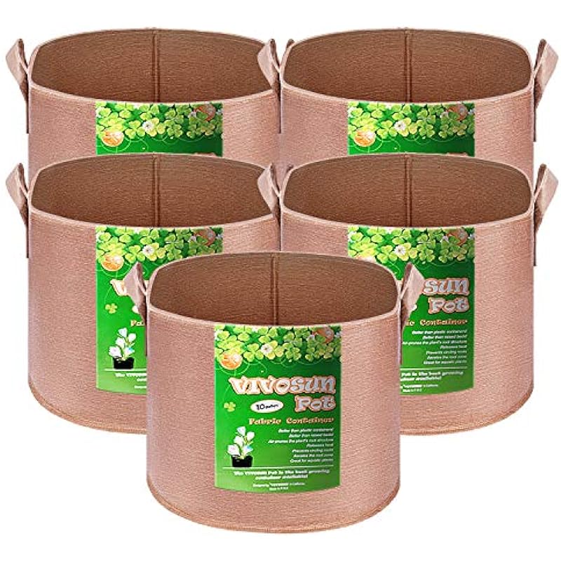 VIVOSUN 5-Pack 10 Gallon Grow Bags Heavy Duty 300G Thickened Nonwoven Plant Fabric Pots with Handles Tan