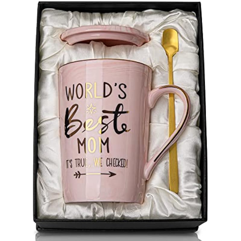 ALBISS Mothers Day Gifts for Mom from Daughter Son – World’s Best Mom – Funny Mom Mug Printed with Gold, Presents for Mom Birthday, 14OZ Pink Marble Ceramic Coffee Cup with Lid Card, Nicely Gift-Boxed