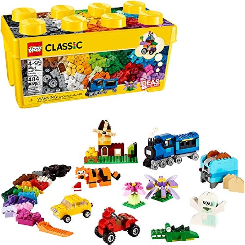 LEGO Classic Medium Creative Brick Box 10696 Building Toy Set with Storage, Includes Train, Car, and a Tiger Figure, and Playset for Boys and Girls, Sensory Toy for Kids Ages 4 and up