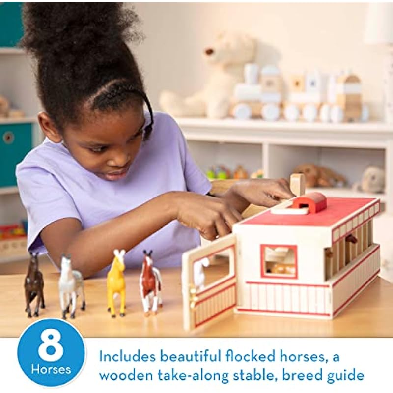 Melissa & Doug Take-Along Show-Horse Stable Play Set With Wooden Stable Box and 8 Toy Horses | Horse Barn Play Set, Portable Horse Stable Toy, Horse Toys For Kids Ages 3+