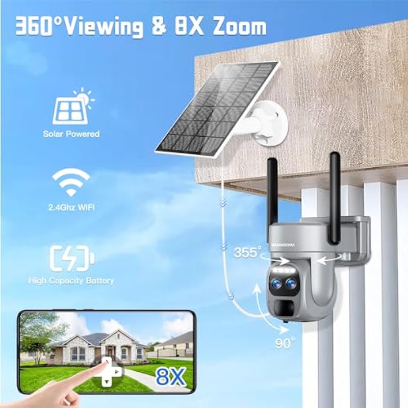 [ 8X Zoom ] 4K Security Camera Wireless Outdoor WiFi Solar Battery Powered 360° PTZ Surveillance Camera for Home with Spotlight Siren,Motion Auto-Track,Night Vision,Two Way Audio,IP66