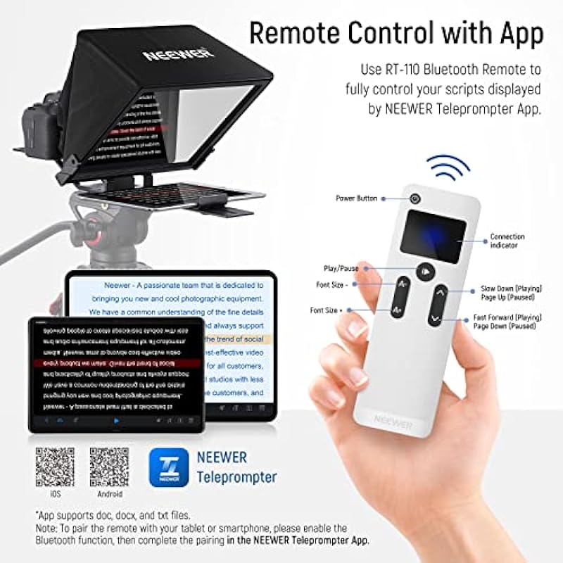 NEEWER Teleprompter X14 PRO with RT-110 Remote & APP Control (Bluetooth Connection via NEEWER Teleprompter App), 14” Portable No Assembly Compatible with iPad Android Tablet Smartphone Camera