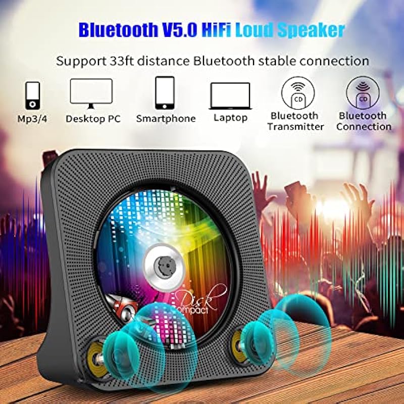 Gueray Portable CD Player, Bluetooth CD Kpop Player for Desktop with HiFi Sound Speaker, Cute FM Radio CD Music Player for Home with Remote Control Dust Cover LED Screen Support AUX/USB Headphone Jack