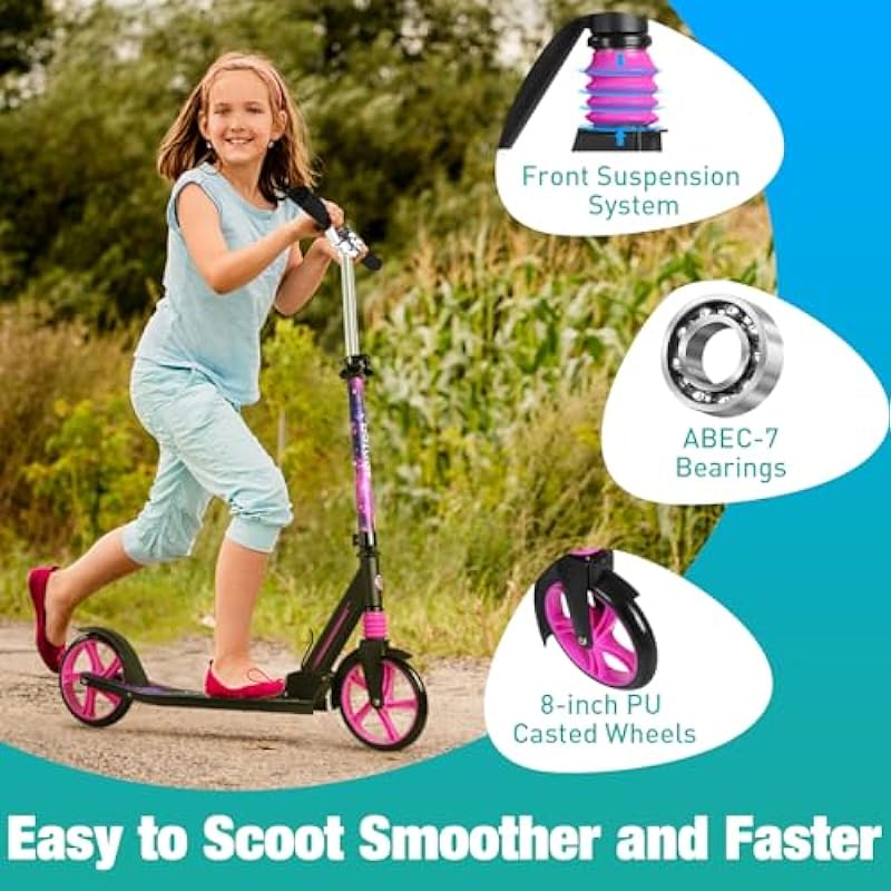 BELEEV Scooters for Kids, Adults, Teens, Quick-Release Foldable System, Front Suspension System, 200mm Big Wheels Scooter with 4 Adjustable Height, Kick Scooter with Carry Strap, Up to 220 lbs