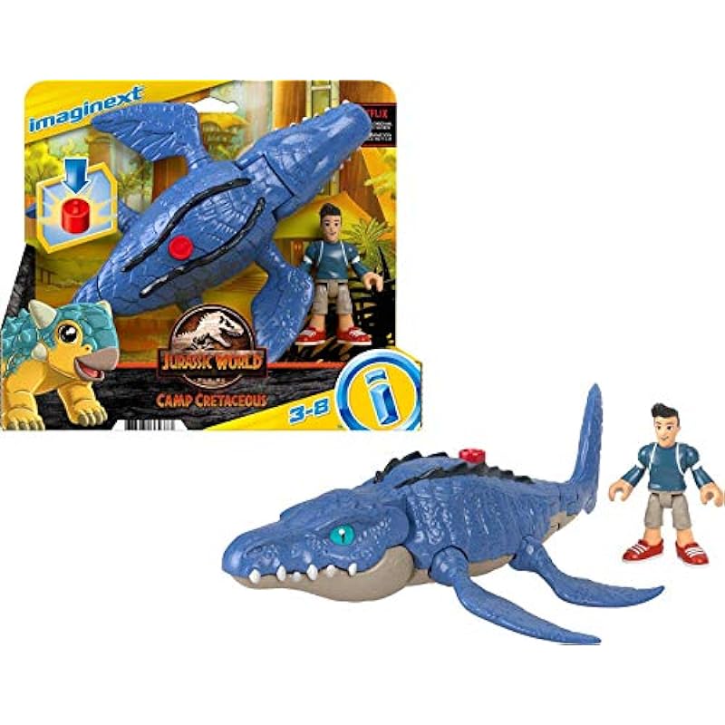 Fisher-Price Imaginext Jurassic World Camp Cretaceous Mosasaurus Dinosaur & Kenji Figure Set for Preschool Kids Ages 3-8 Years