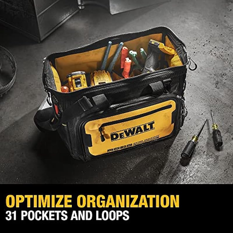 DEWALT 16 in. Pro Open Mouth Tool Bag, Water Resistant Compartment, 31 Pockets, Tough Fabric (DWST560103)