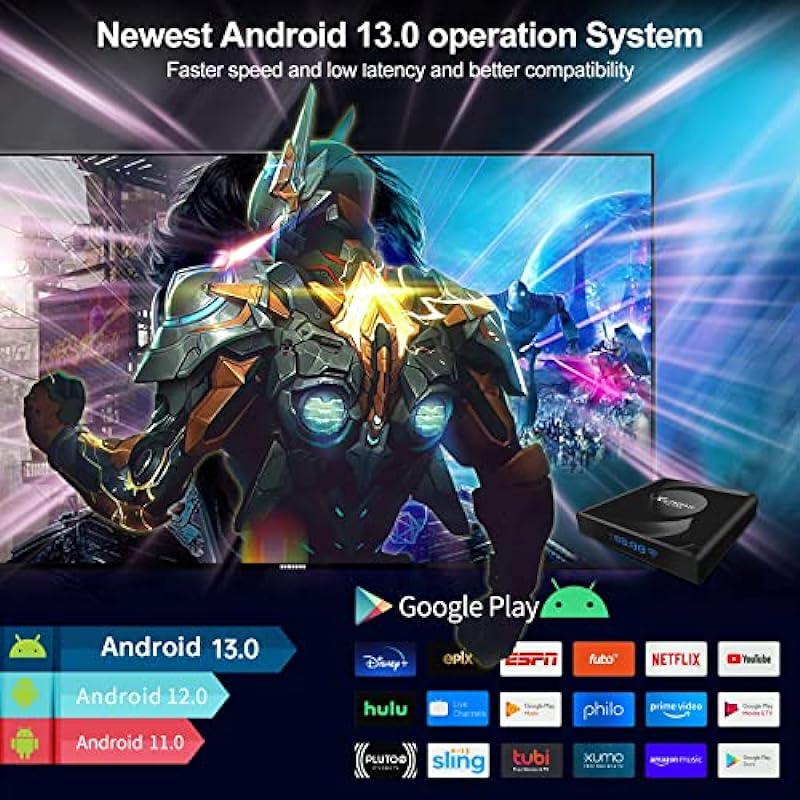 Android TV Box 13.0 RK3528 Quad-Core 64bit Cortex-A53 Chipset Smart TV Box 4GB RAM 64GB ROM Builtin 2.4G 5G WiFi and Bluetooth 5.0 Support 3D 8K H.265 Videos