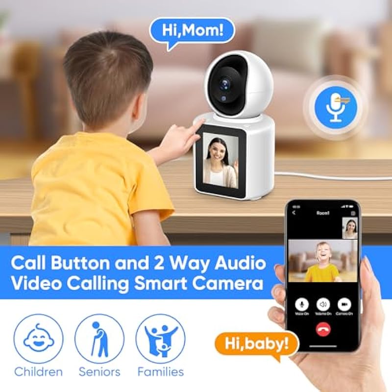 Two-Way Video/Audio Indoor Camera, Child/Elder/Dog/Pet Camera with Phone App, 1080P Home Security Camera with Pan Tilt, Night Vision, One-Button Call, Motion Detection, Human/Sound/Crying Detection