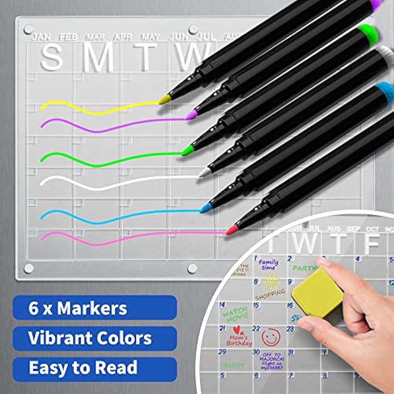 Winblo 2 Set Acrylic Magnetic Monthly and Weekly Calendar for Fridge – Clear Reusable Dry Erase Board Calendar for Refrigerator Planner, Includes Silicone Gaskets & 6 Colors Markers(16″x12″Inches)