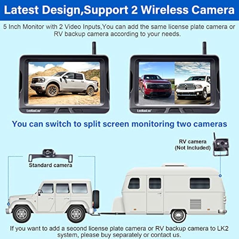 LeeKooLuu Wireless Backup Camera 5 Inch Rear View Monitor Kit HD 1080P Bluetooth Reverse Cameras for Truck Car Van Camper Two Channels Waterproof Night Vision DIY Parking Guide Lines LK2