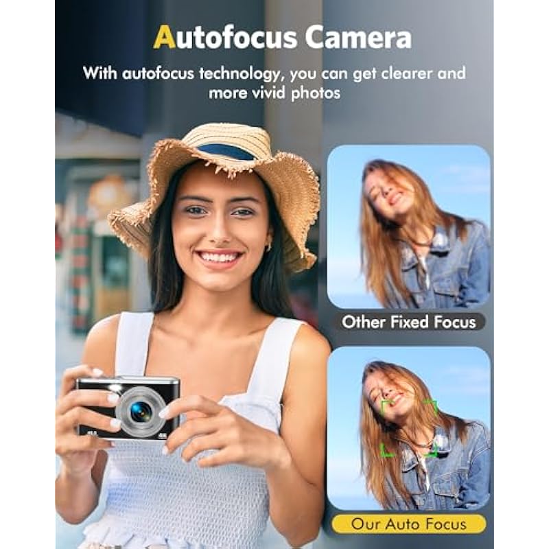 Digital Camera, Auto Focus FHD 4K Video Camera with Dual Camera 48MP 16X Digital Zoom Kids Compact Camera with 32GB Memory Card Small Point and Shoot Cameras for Teens Beginner Adult,Black
