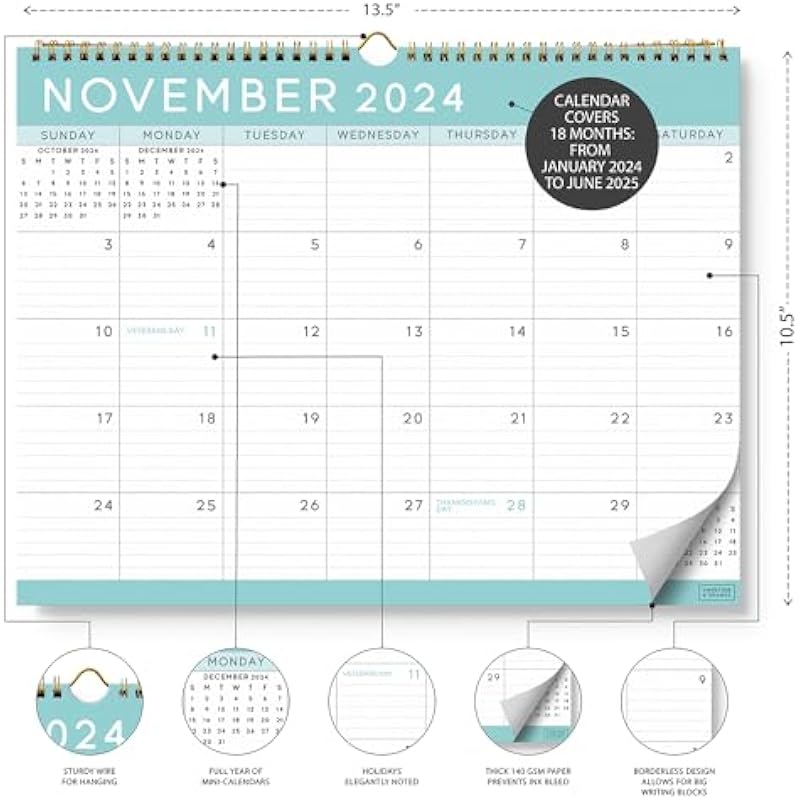 S&O Basic Teal Business Wall Calendar from January 2024-June 2025 – Tear-Off Monthly Calendar for Office – 18 Month Academic Wall Calendar – Hanging Calendar with Monthly Mini-Calendars – 13.5″x10.5”in